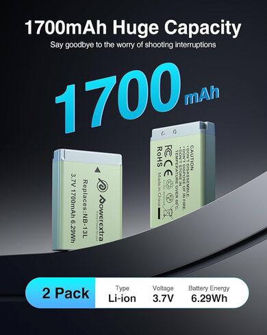 2 Pack NB-13L Battery and Rapid Dual Charger Compatible with Canon PowerShot SX740 HS/G1 X Mark III/G5 X/G5 X Mark II/G7 X/G7 X Mark II-III/G9 X/G9 X Mark II/SX620 HS/SX720 HS/SX730 Cameras in Kuwait