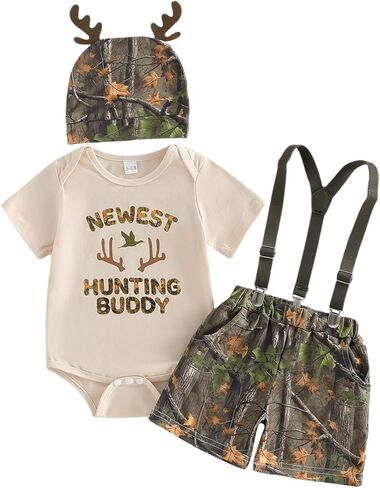GOOCHEER Newborn Baby Boy Clothes Hunting Short Sleeve Romper Shirt Tops Removable Strap Shorts Summer Outfits Hat Set in Saudi Arabia