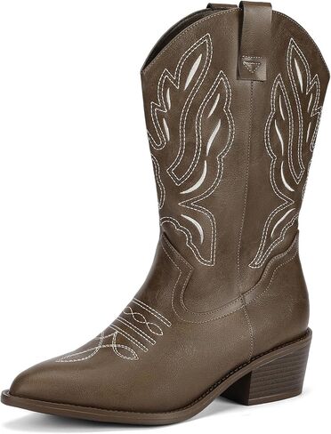 Wide Calf Cowboy Boots for Women Cowgirl Western Boots Mid Calf Embroidery Stitched Pointed Toe Boots in Saudi Arabia
