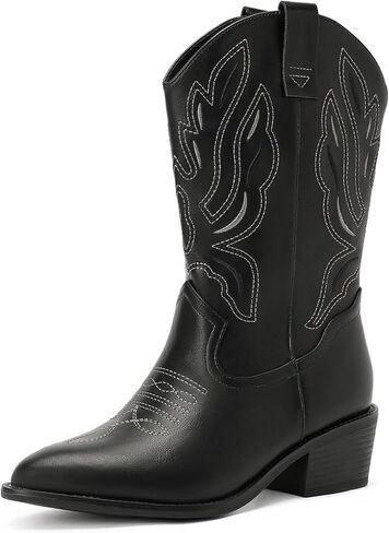 Wide Calf Cowboy Boots for Women Cowgirl Western Boots Mid Calf Embroidery Stitched Pointed Toe Boots in Saudi Arabia