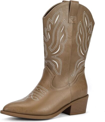 Wide Calf Cowboy Boots for Women Cowgirl Western Boots Mid Calf Embroidery Stitched Pointed Toe Boots in Saudi Arabia