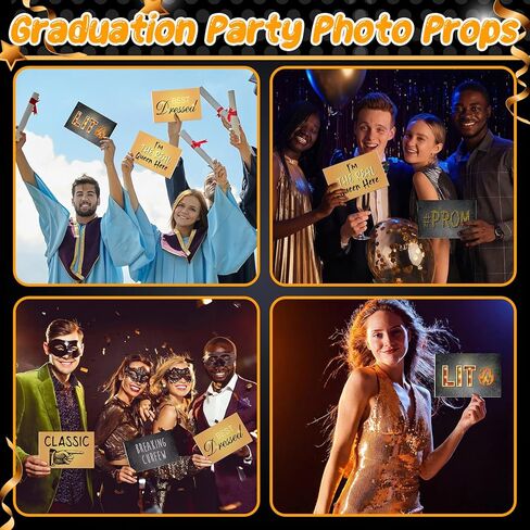 Motiskyy 12 Pcs Black and Gold Prom Backdrop Decoration Prom Night Photo Props Background for 80s Party Decoration Dance 2026 Graduation Party Supplies Send Off Congrats Grad Photo Booth in Kuwait