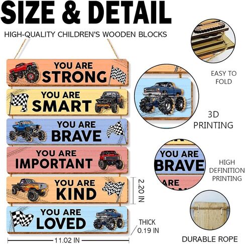 6 Pcs Monster Truck Room Decor for Boys,Monster Truck Wall Decor,Inspirational Wooden Hanging Signs for Kids Nursery Playroom Classroom Decor in Kuwait