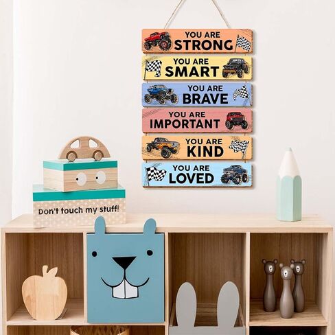 6 Pcs Monster Truck Room Decor for Boys,Monster Truck Wall Decor,Inspirational Wooden Hanging Signs for Kids Nursery Playroom Classroom Decor in Kuwait