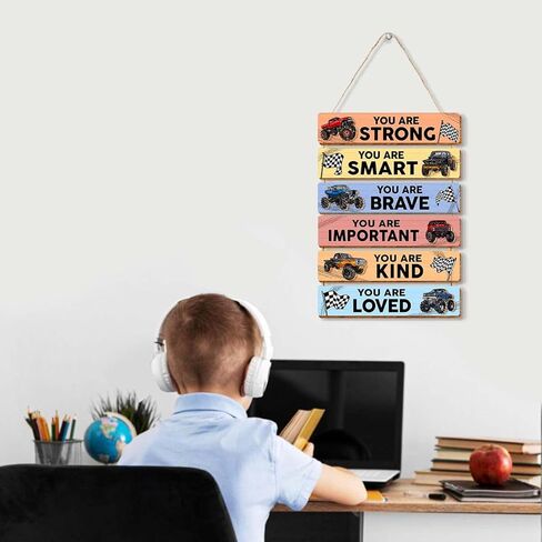 6 Pcs Monster Truck Room Decor for Boys,Monster Truck Wall Decor,Inspirational Wooden Hanging Signs for Kids Nursery Playroom Classroom Decor in Kuwait