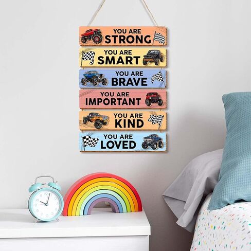 6 Pcs Monster Truck Room Decor for Boys,Monster Truck Wall Decor,Inspirational Wooden Hanging Signs for Kids Nursery Playroom Classroom Decor in Kuwait
