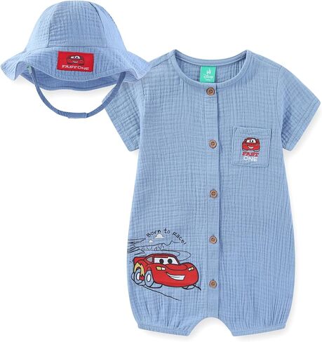 Disney Cars Lightning McQueen Baby Boys Gauze Romper with Bucket Hat 2 Piece Set for Infant in Kuwait