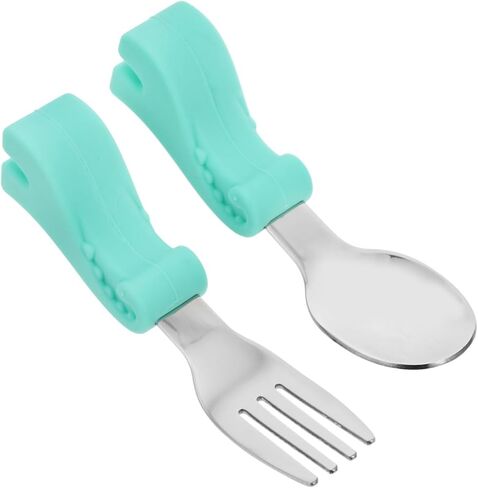 Stainless Steel Utensil Set Food Grade Cutlery for Self Feeding Training Fork Spoon with Comfortable Handle Portable Dining Tableware for Boy Girl Curved and Safe in Kuwait