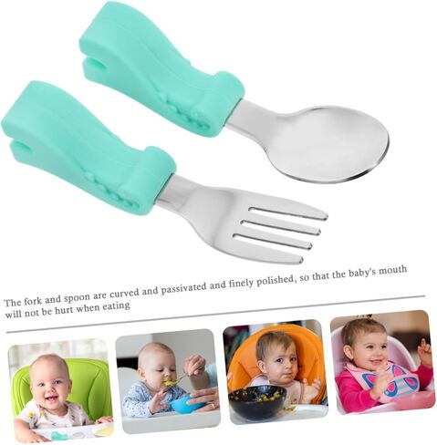 Stainless Steel Utensil Set Food Grade Cutlery for Self Feeding Training Fork Spoon with Comfortable Handle Portable Dining Tableware for Boy Girl Curved and Safe in Kuwait