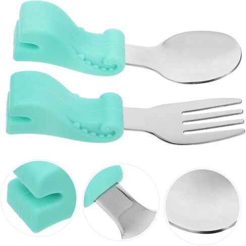 Stainless Steel Utensil Set Food Grade Cutlery for Self Feeding Training Fork Spoon with Comfortable Handle Portable Dining Tableware for Boy Girl Curved and Safe in Kuwait