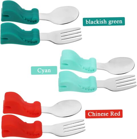 Stainless Steel Utensil Set Food Grade Cutlery for Self Feeding Training Fork Spoon with Comfortable Handle Portable Dining Tableware for Boy Girl Curved and Safe in Kuwait