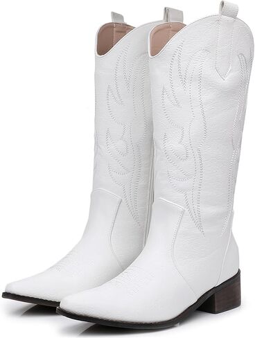 ZHENAIYISHENG Cowboy Boots for Women - Cowgirl Boots with Embroidery, Mid Calf Side Zipper Chunky Heel Retro Country Fashion Leather Boots in Kuwait