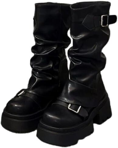Women's Fold Over Boots Slouchy Wide Calf Pleated Platform Glitter Metallic Silver Chunky Stacked Mid in Kuwait