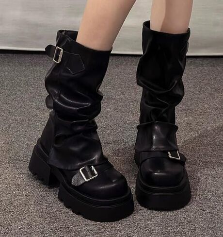 Women's Fold Over Boots Slouchy Wide Calf Pleated Platform Glitter Metallic Silver Chunky Stacked Mid in Saudi Arabia