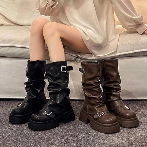 Women's Fold Over Boots Slouchy Wide Calf Pleated Platform Glitter Metallic Silver Chunky Stacked Mid in Saudi Arabia