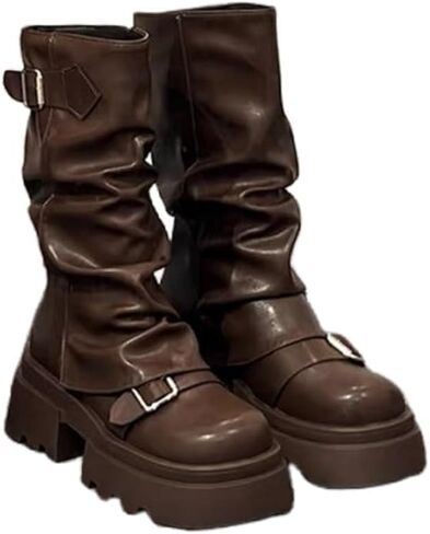 Women's Fold Over Boots Slouchy Wide Calf Pleated Platform Glitter Metallic Silver Chunky Stacked Mid in Saudi Arabia