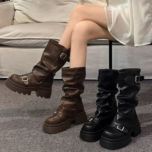 Women's Fold Over Boots Slouchy Wide Calf Pleated Platform Glitter Metallic Silver Chunky Stacked Mid in Saudi Arabia