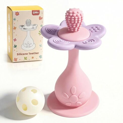 Baby Silicone Flower Teether Pacifier, Nipple-Shaped End Texture for Sucking Needs, Teething Relief, Chew Sensory Toys for Babies 0-6 6-12 Months, Hands-Free Design, BPA Free, Freezable -Pink in Saudi Arabia