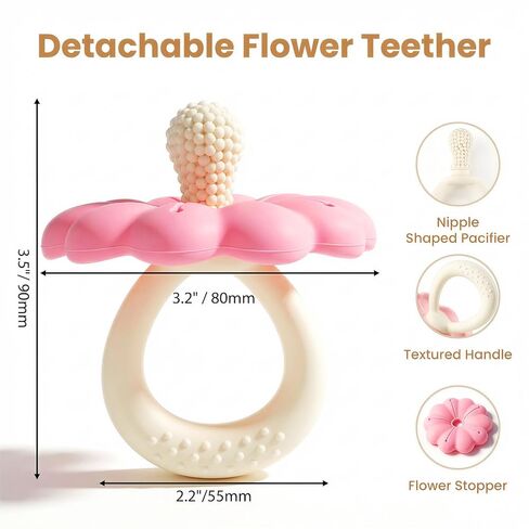 Baby Silicone Flower Teether Pacifier, Nipple-Shaped End Texture for Sucking Needs, Teething Relief, Chew Sensory Toys for Babies 0-6 6-12 Months, Hands-Free Design, BPA Free, Freezable -Pink in Saudi Arabia