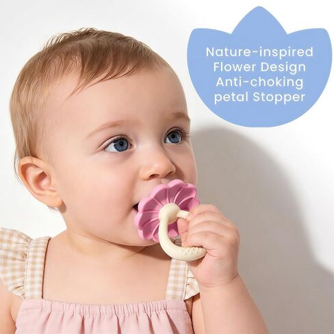 Baby Silicone Flower Teether Pacifier, Nipple-Shaped End Texture for Sucking Needs, Teething Relief, Chew Sensory Toys for Babies 0-6 6-12 Months, Hands-Free Design, BPA Free, Freezable -Pink in Saudi Arabia