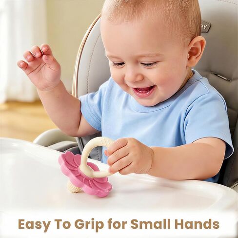 Baby Silicone Flower Teether Pacifier, Nipple-Shaped End Texture for Sucking Needs, Teething Relief, Chew Sensory Toys for Babies 0-6 6-12 Months, Hands-Free Design, BPA Free, Freezable -Pink in Saudi Arabia