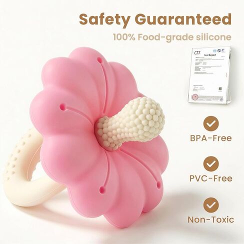 Baby Silicone Flower Teether Pacifier, Nipple-Shaped End Texture for Sucking Needs, Teething Relief, Chew Sensory Toys for Babies 0-6 6-12 Months, Hands-Free Design, BPA Free, Freezable -Pink in Saudi Arabia