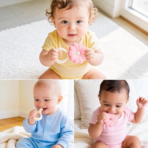 Baby Silicone Flower Teether Pacifier, Nipple-Shaped End Texture for Sucking Needs, Teething Relief, Chew Sensory Toys for Babies 0-6 6-12 Months, Hands-Free Design, BPA Free, Freezable -Pink in Saudi Arabia