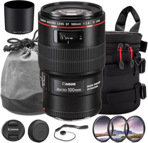 Canon EF 100mm f/2.8L Macro is USM Lens Bundle | L-Series Macro Prime with 1:1 Magnification, Hybrid Image Stabilization & Fast USM AF | Great for Portrait Photos (3554B002) + Filter Kit + More in Kuwait