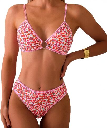 Women's Triangle Bikini Sets O Ring Linked Two Piece Swimsuits Floral Printed in Saudi Arabia
