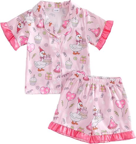 Kuriozud Kids Toddler Girl Birthday Pajamas Short Sleeve Satin Button Down Shirt and Shorts Summer 2pcs Pjs Sets Sleepwear in Saudi Arabia