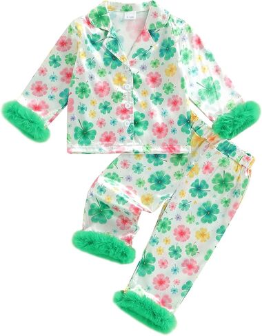 Afunbaby Toddler Girl Satin Pajamas Birthday Long Sleeves Sleepwear Button Down St Patricks 2Pcs Easter Bunnies Silk Pjs in Kuwait