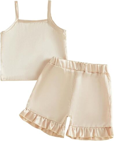 FULA-bao Toddler Baby Girls Silk Pajamas Set Solid Strappy Tank Tops and Ruffled Shorts Infant Baby Satin Pj Sleep Sets in Kuwait