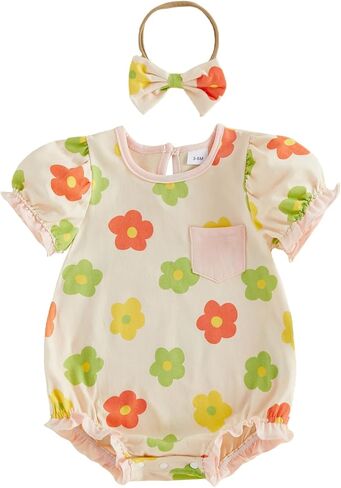 Twopumpkin Baby Girl Striped Bubble Romper Newborn Toddler Short Sleeve Ruffle Cotton Onesie Cute Summer Outfit Clothes in Saudi Arabia