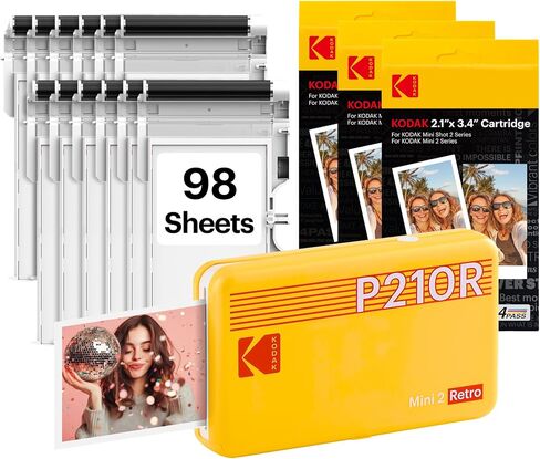 طابعة صور محمولة KODAK Mini 2 Retro 2x3، 98 ورقة، طابعة بلوتوث للهاتف الذكي لهواتف iPhone وAndroid، مطبوعات ملونة فورية، صبغ التسامي 4PASS، أصفر in Kuwait