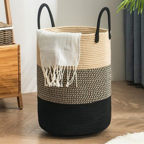 YOUDENOVA Woven Rope Laundry Hamper Basket, 58L Tall Laundry Basket for Blanket Organizer- Clothes Hamper for Bedroom Storage, Baby Kids Nursery Hamper-Large-Brown in Kuwait