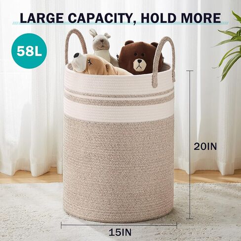 YOUDENOVA Woven Rope Laundry Hamper Basket, 58L Tall Laundry Basket for Blanket Organizer- Clothes Hamper for Bedroom Storage, Baby Kids Nursery Hamper-Large-Brown in Saudi Arabia