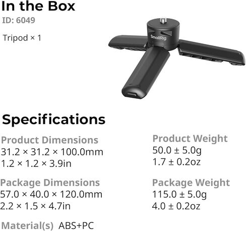 SMALLRIG Camera Tripod for DJI Osmo Pocket 4 / Pocket 3 / Action 6/5 Pro, for Action Cameras, 1/4"-20 Screw, Load Capacity 500g / 17.6oz, Weight 50g / 1.76oz, Compact at 10cm / 3.9'' - 6049 in Kuwait