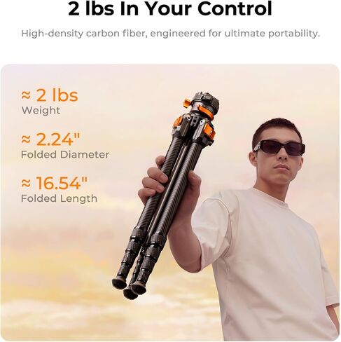 حامل ثلاثي للسفر من ألياف الكربون مقاس 60 بوصة من K&F للكاميرا، خفيف الوزن للغاية 2.0 رطل مع محور مركزي مرن، رأس كرة قابلة للإمالة بزاوية 360 درجة، لوحة Arca QR، أقصى تحميل 13.2 رطل in Kuwait