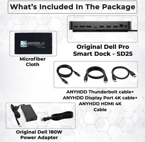 Dell WD19TBS محطة الإرساء Thunderbolt مع محول طاقة AC 180W (توصيل الطاقة 130W) + كابل HDMI + كابل DisplayPort + USB C إلى C Cable Cable + Microfiber Cloth in Kuwait