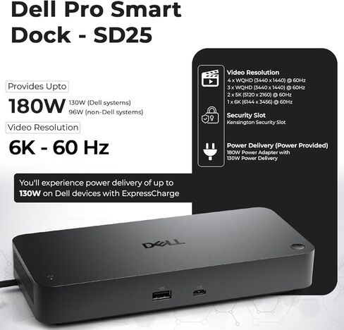 Dell WD19TBS محطة الإرساء Thunderbolt مع محول طاقة AC 180W (توصيل الطاقة 130W) + كابل HDMI + كابل DisplayPort + USB C إلى C Cable Cable + Microfiber Cloth in Kuwait