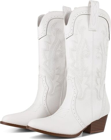 CELNEPHO Cowboy Boots For Women Western Cowgirl Boots Chunky Heel Pointed Toe Fashion Embroidery Stitched Mid Calf Boots in Kuwait