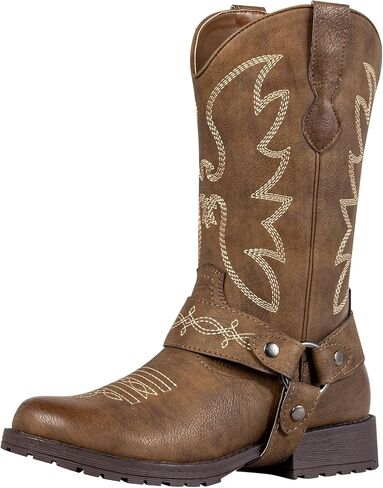 SheSole Women's Harness Round Toe Boots Buckle Strap Western Cowgirl Cowboy Boots Mid Calf Country Boots in Kuwait