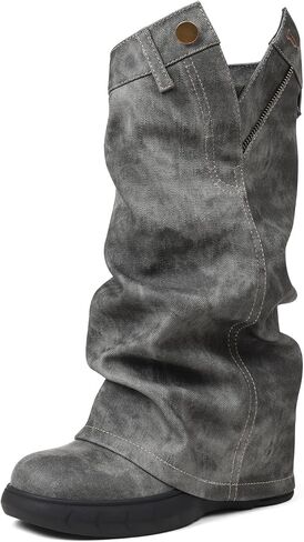 Kalstage Womens Denim Mid Calf Boots Fold Over Slouchy Platform Wedge Booties Vintage Y2k Shark Blue Jean Boots in Kuwait