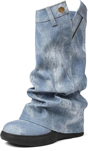Kalstage Womens Denim Mid Calf Boots Fold Over Slouchy Platform Wedge Booties Vintage Y2k Shark Blue Jean Boots in Kuwait