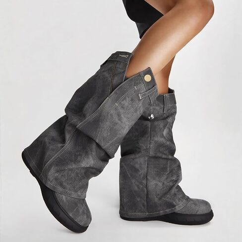 Kalstage Womens Denim Mid Calf Boots Fold Over Slouchy Platform Wedge Booties Vintage Y2k Shark Blue Jean Boots in Kuwait