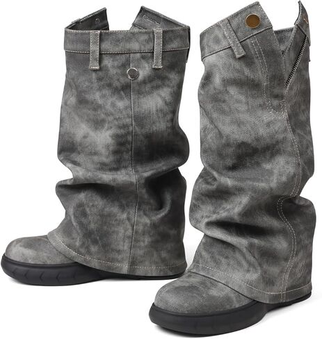 Kalstage Womens Denim Mid Calf Boots Fold Over Slouchy Platform Wedge Booties Vintage Y2k Shark Blue Jean Boots in Kuwait