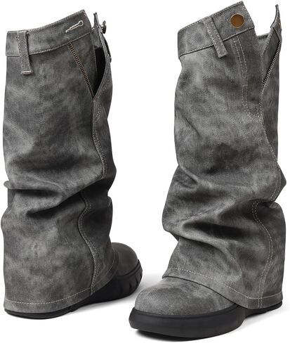 Kalstage Womens Denim Mid Calf Boots Fold Over Slouchy Platform Wedge Booties Vintage Y2k Shark Blue Jean Boots in Kuwait