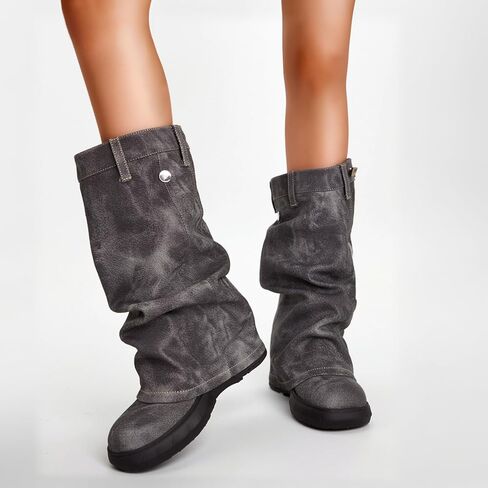 Kalstage Womens Denim Mid Calf Boots Fold Over Slouchy Platform Wedge Booties Vintage Y2k Shark Blue Jean Boots in Kuwait