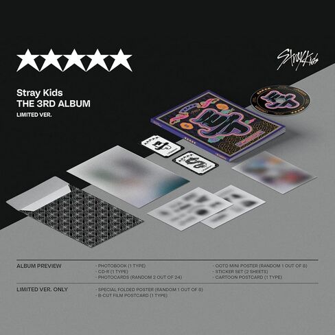 STRAY KIDS - [5-STAR)] (إصدار محدود.) كتاب صور + قرص مضغوط + بطاقات صور + ملصق صغير + ملصق + بطاقة بريدية + ملصق مطوي خاص + بطاقة بريدية لفيلم B-CUT + كتاب صور صغير + ملصق مطوي + 1 بطاقة PVC in Kuwait