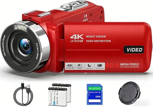 Camcorder Video Camera 4K Ultra HD 80MP Vlogging Camera for YouTube 18X Digital Zoom 3.0" 270° Rotation IPS Screen IR Night Vision Camcorder Recorder with 32GB SD Card, Lens Cap Red in Kuwait